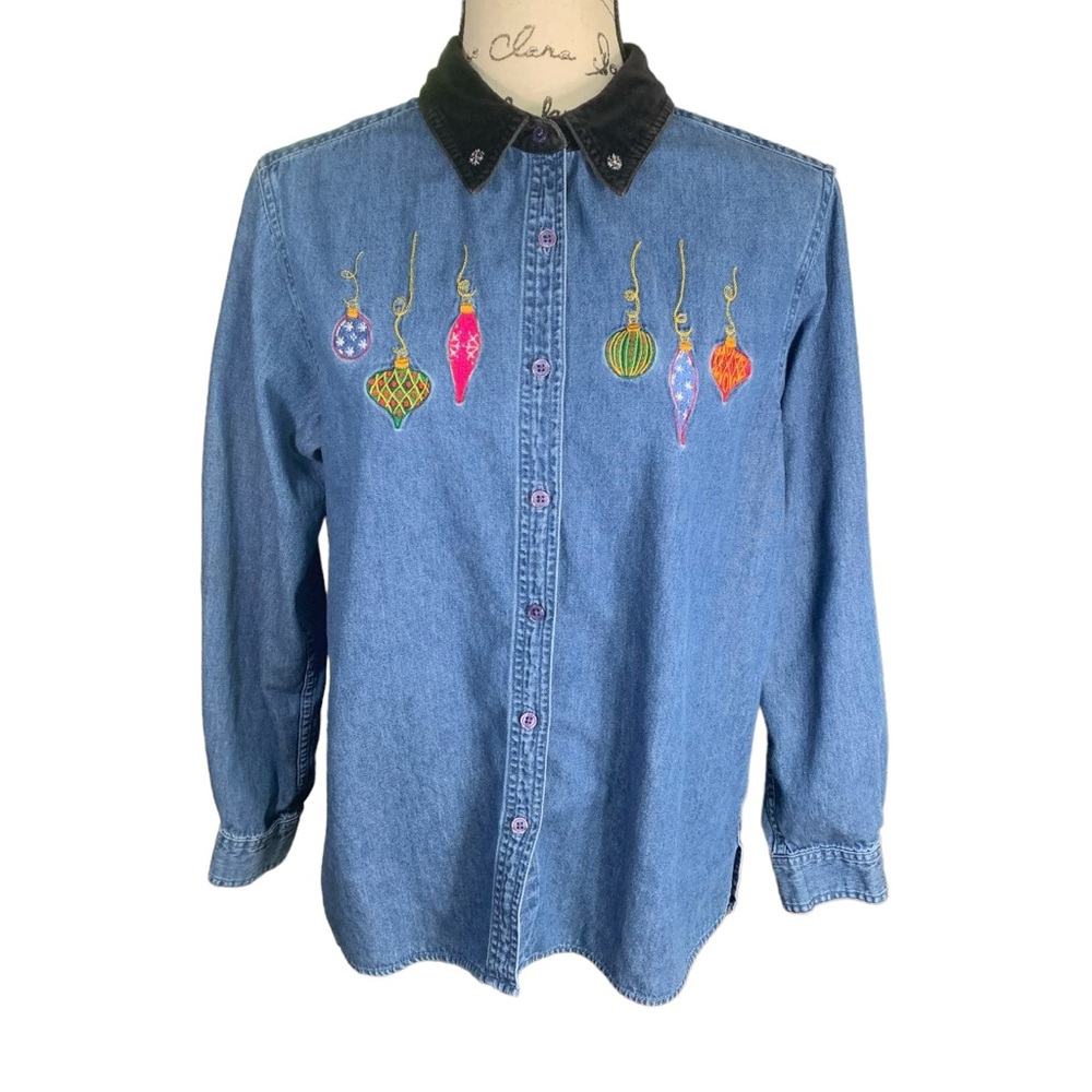 Festive Embroidered Holiday Ornaments Denim & Velvet Long Sleeve Button Down Top